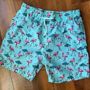 Trunks Flamingo Mens Swim Size L Pockets Pink Green Tropical Paradise Beachwear